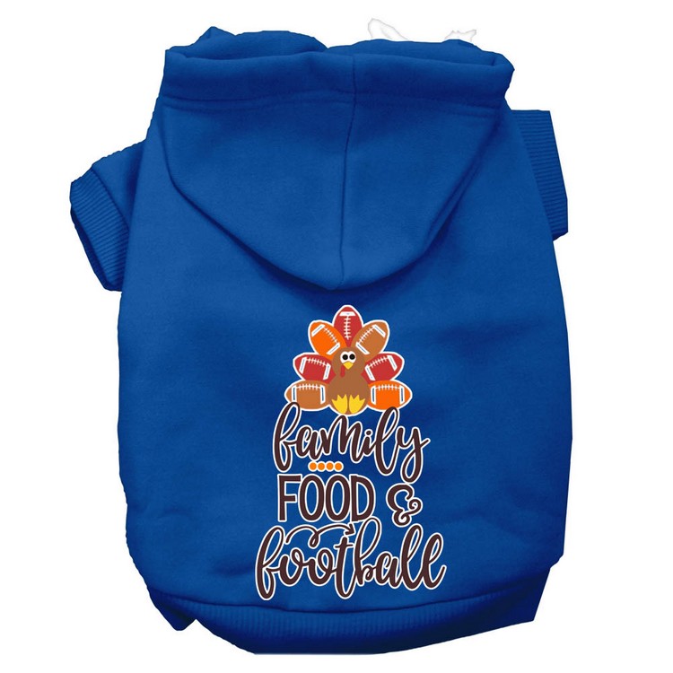 Family, Food, and Football Screen Print Dog Hoodie Blue XXXL